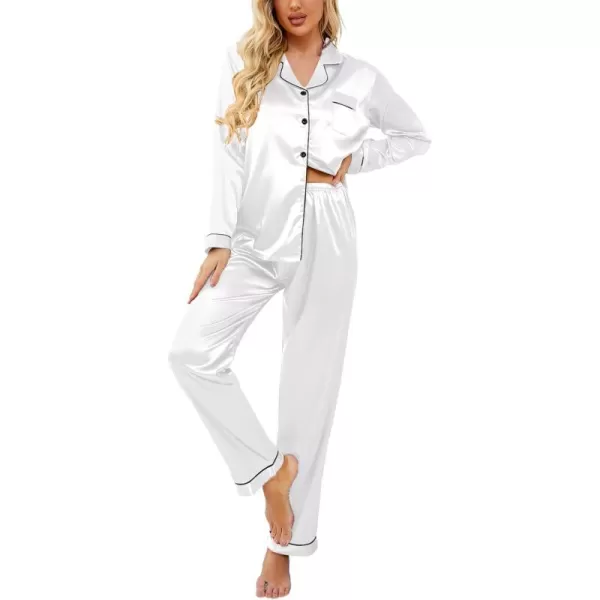 Ekouaer Womens Classic Button Down Long Satin Silk Pajama SetWhite