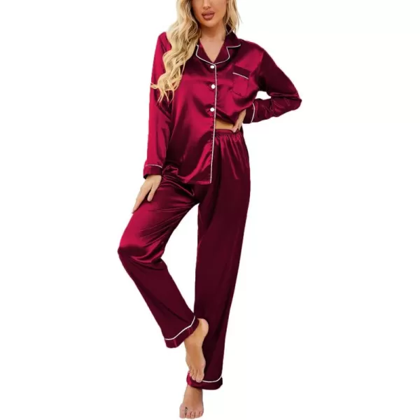 Ekouaer Womens Classic Button Down Long Satin Silk Pajama SetWine Red