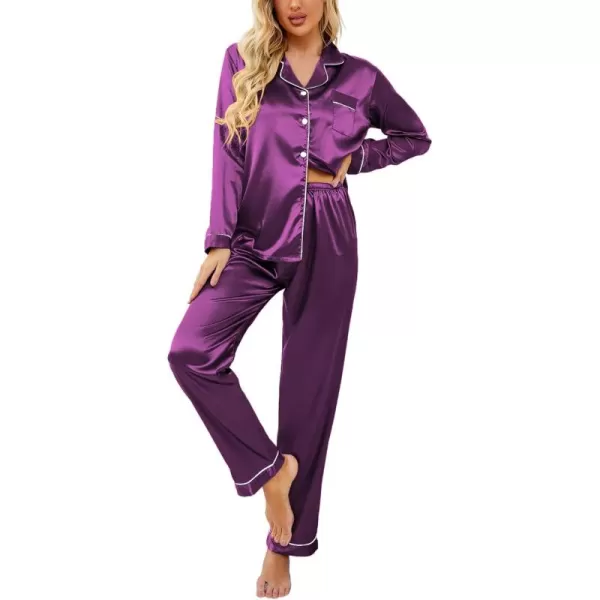 Ekouaer Womens Classic Button Down Long Satin Silk Pajama SetWineberry