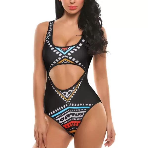 Ekouaer Womens Cutout One Piece Swimsuits Tribal Bathing Suits Monokini Hollow Out Keyhole Swimwear1 Black2