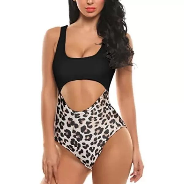 Ekouaer Womens Cutout One Piece Swimsuits Tribal Bathing Suits Monokini Hollow Out Keyhole Swimwear3 Black amp Leopard Print