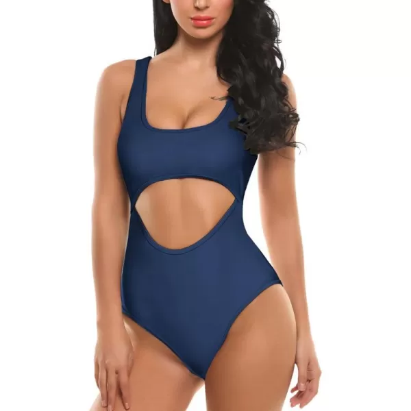 Ekouaer Womens Cutout One Piece Swimsuits Tribal Bathing Suits Monokini Hollow Out Keyhole SwimwearDark Blue Gray