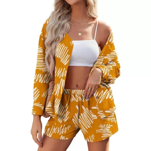 Ekouaer Womens Hawaiian 2 Piece Outfit Short Sleeve Button Down Shirt and Shorts Tracksuit Lounge SetLong Sleeve Brush Print