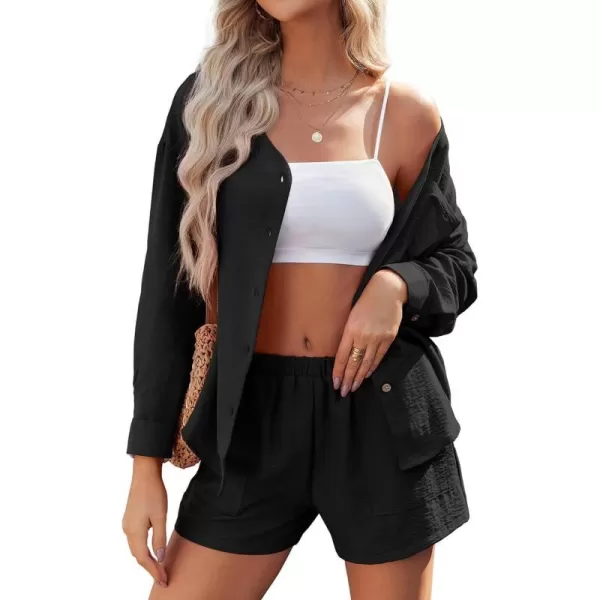 Ekouaer Womens Hawaiian 2 Piece Outfit Short Sleeve Button Down Shirt and Shorts Tracksuit Lounge SetLong Sleeve L Black