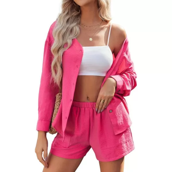 Ekouaer Womens Hawaiian 2 Piece Outfit Short Sleeve Button Down Shirt and Shorts Tracksuit Lounge SetLong Sleeve Rose Red