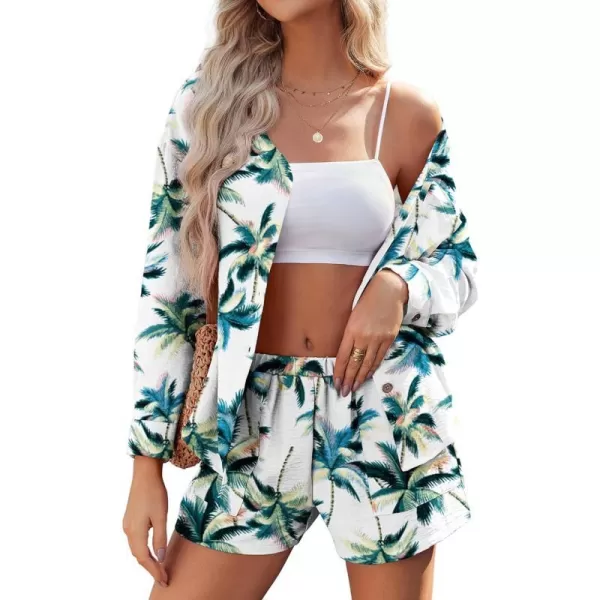 Ekouaer Womens Hawaiian 2 Piece Outfit Short Sleeve Button Down Shirt and Shorts Tracksuit Lounge SetLong Sleeve Tropical Leaves