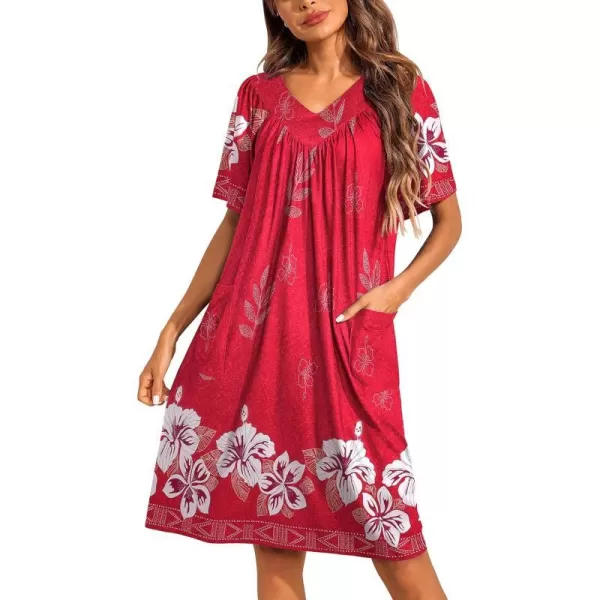 Ekouaer Womens House Dress Floral Print Nightgown with Pockets Mumu Dress S3XLRed