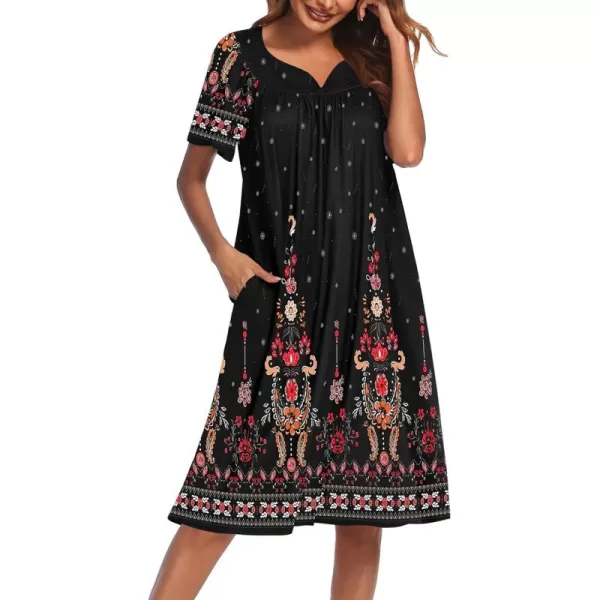 Ekouaer Womens House Dress with PocketsBlack Ethnic Floral