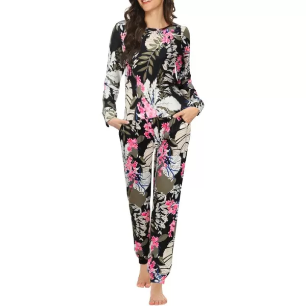 Ekouaer Womens Jogger Pajama Sets Long Sleeve Sleepwear Round Neck Nightwear Soft Pjs Lounge Sets with PocketsBlack Floral Print