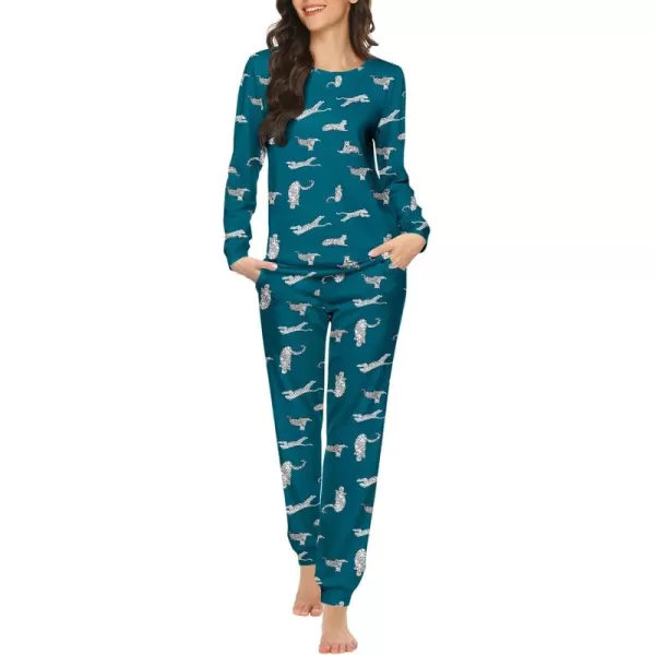 Ekouaer Womens Jogger Pajama Sets Long Sleeve Sleepwear Round Neck Nightwear Soft Pjs Lounge Sets with PocketsBlue Green Leopard