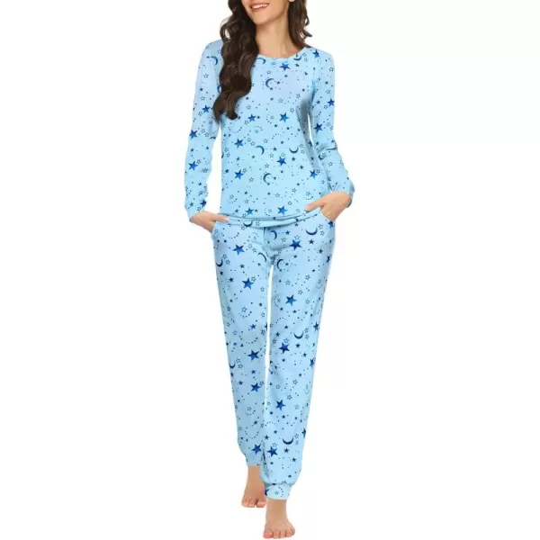 Ekouaer Womens Jogger Pajama Sets Long Sleeve Sleepwear Round Neck Nightwear Soft Pjs Lounge Sets with PocketsBlue Star