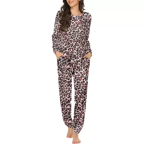 Ekouaer Womens Jogger Pajama Sets Long Sleeve Sleepwear Round Neck Nightwear Soft Pjs Lounge Sets with PocketsBrown Leopard