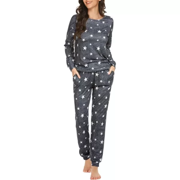 Ekouaer Womens Jogger Pajama Sets Long Sleeve Sleepwear Round Neck Nightwear Soft Pjs Lounge Sets with PocketsDark Grey White Star