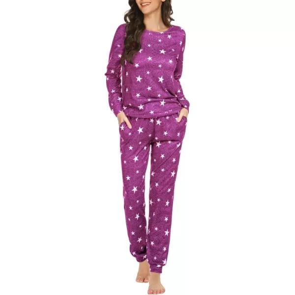 Ekouaer Womens Jogger Pajama Sets Long Sleeve Sleepwear Round Neck Nightwear Soft Pjs Lounge Sets with PocketsDeep Purple White Star