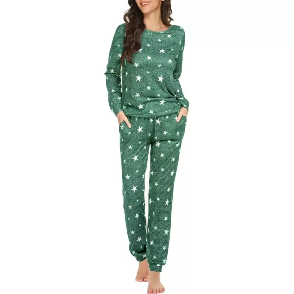 Ekouaer Womens Jogger Pajama Sets Long Sleeve Sleepwear Round Neck Nightwear Soft Pjs Lounge Sets with PocketsGreen White Star