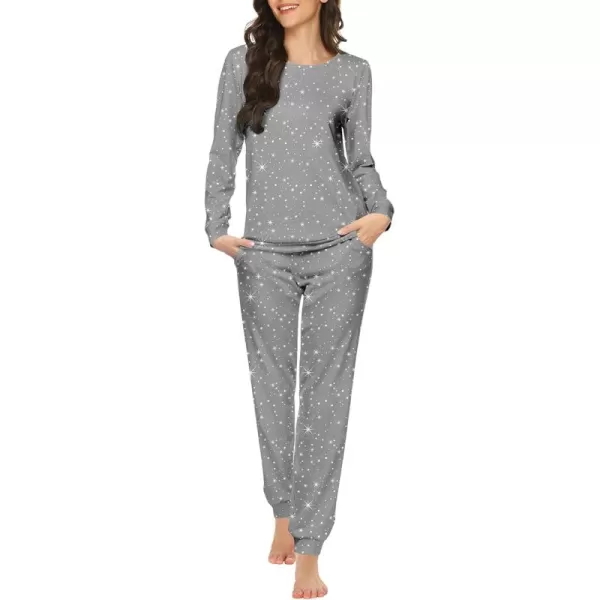 Ekouaer Womens Jogger Pajama Sets Long Sleeve Sleepwear Round Neck Nightwear Soft Pjs Lounge Sets with PocketsGrey White Star