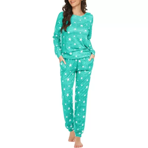 Ekouaer Womens Jogger Pajama Sets Long Sleeve Sleepwear Round Neck Nightwear Soft Pjs Lounge Sets with PocketsLake Blue White Star