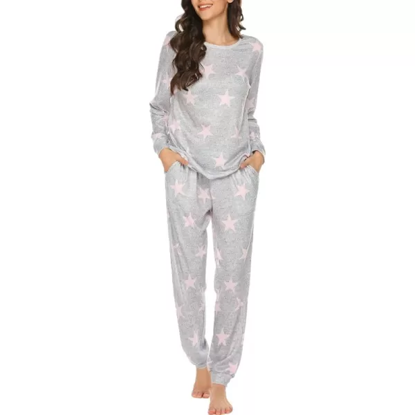 Ekouaer Womens Jogger Pajama Sets Long Sleeve Sleepwear Round Neck Nightwear Soft Pjs Lounge Sets with PocketsLight Grey Pink Star