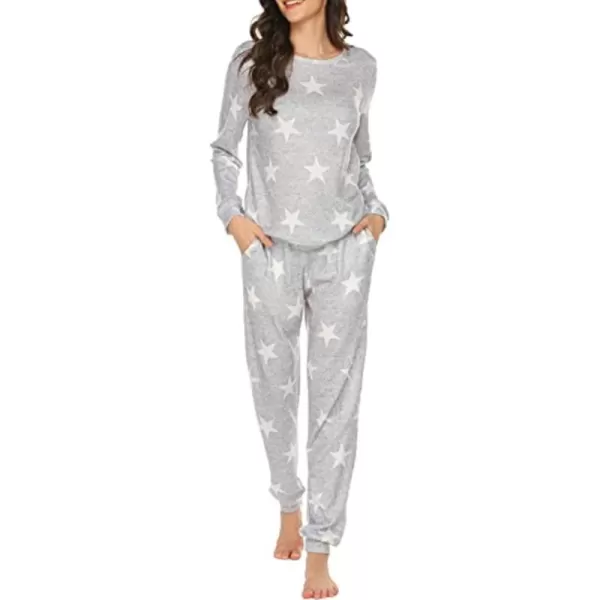 Ekouaer Womens Jogger Pajama Sets Long Sleeve Sleepwear Round Neck Nightwear Soft Pjs Lounge Sets with PocketsLight Grey White Star