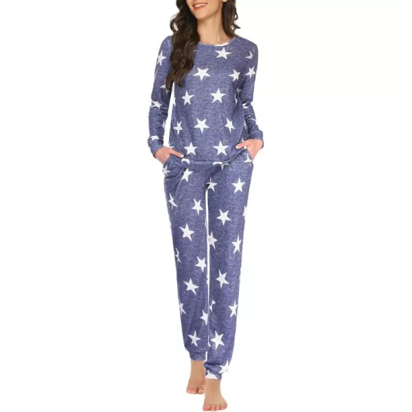 Ekouaer Womens Jogger Pajama Sets Long Sleeve Sleepwear Round Neck Nightwear Soft Pjs Lounge Sets with PocketsLong Blue White Star