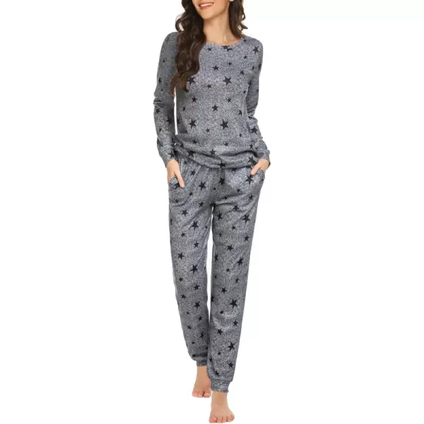 Ekouaer Womens Jogger Pajama Sets Long Sleeve Sleepwear Round Neck Nightwear Soft Pjs Lounge Sets with PocketsMedium Grey Black Star