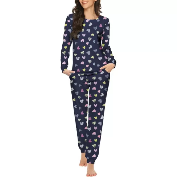 Ekouaer Womens Jogger Pajama Sets Long Sleeve Sleepwear Round Neck Nightwear Soft Pjs Lounge Sets with PocketsNavy Heart