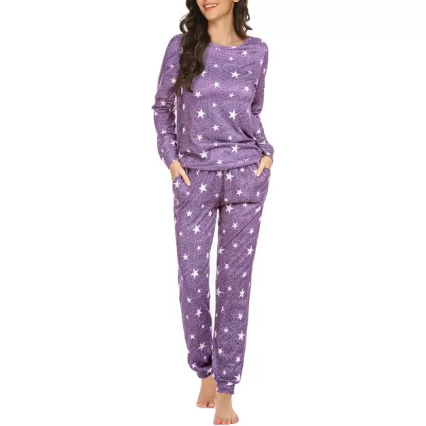 Ekouaer Womens Jogger Pajama Sets Long Sleeve Sleepwear Round Neck Nightwear Soft Pjs Lounge Sets with PocketsPurple White Star