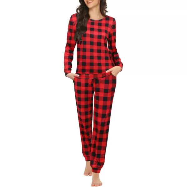 Ekouaer Womens Jogger Pajama Sets Long Sleeve Sleepwear Round Neck Nightwear Soft Pjs Lounge Sets with PocketsRed Plaid