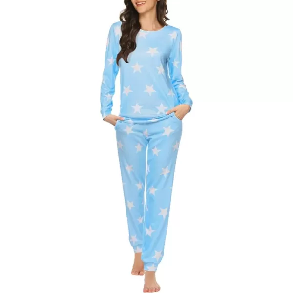 Ekouaer Womens Jogger Pajama Sets Long Sleeve Sleepwear Round Neck Nightwear Soft Pjs Lounge Sets with PocketsSky Blue White Star