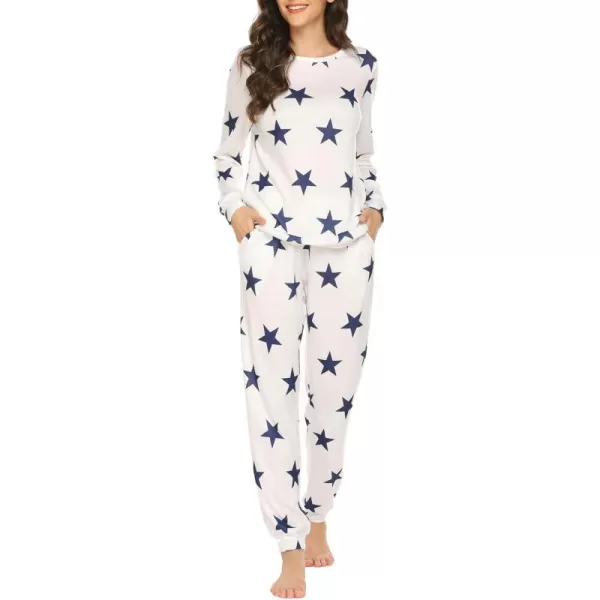 Ekouaer Womens Jogger Pajama Sets Long Sleeve Sleepwear Round Neck Nightwear Soft Pjs Lounge Sets with PocketsWhite Blue Star