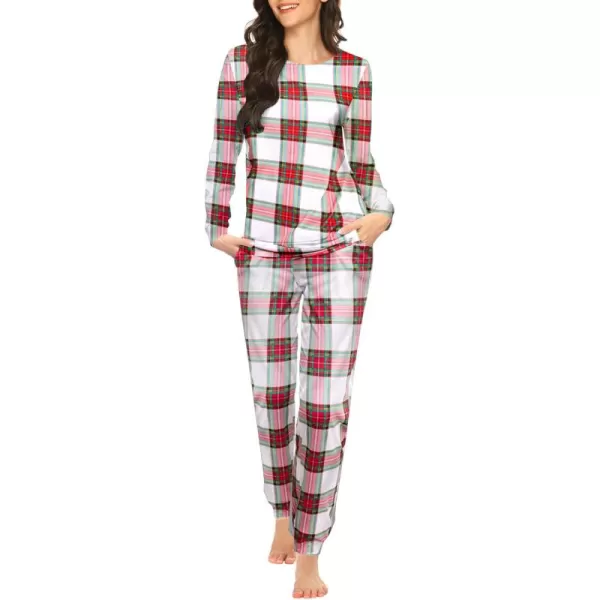 Ekouaer Womens Jogger Pajama Sets Long Sleeve Sleepwear Round Neck Nightwear Soft Pjs Lounge Sets with PocketsWhite Red Green Plaid