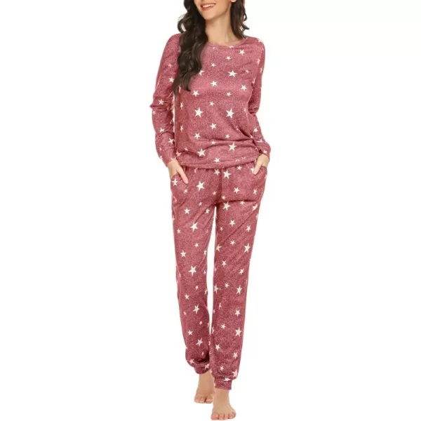 Ekouaer Womens Jogger Pajama Sets Long Sleeve Sleepwear Round Neck Nightwear Soft Pjs Lounge Sets with PocketsWine Red White Star