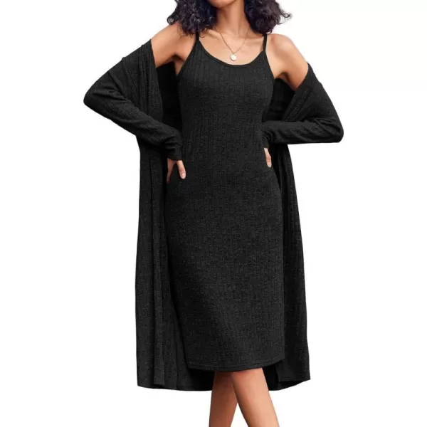 Ekouaer Womens Knit Robe Set 2 Piece Nightgown with Robes Long Sleeves Lounge Sets with Pockets S3XLBlack