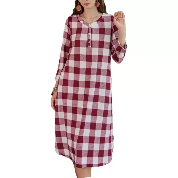 Ekouaer Womens Long Nightgowns Plaid Sleepwear Soft Loose Nightshirt 34 Sleeve Plus Size Housecoat with Button amp PocketsWine Red Plaid