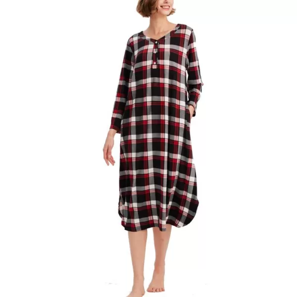 Ekouaer Womens Long Nightgowns Plaid Sleepwear Soft Loose Nightshirt 34 Sleeve Plus Size Housecoat with Button amp PocketsZblackred Plaid