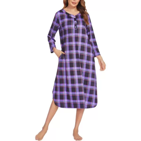 Ekouaer Womens Long Nightgowns Plaid Sleepwear Soft Loose Nightshirt 34 Sleeve Plus Size Housecoat with Button amp PocketsZpurple Plaid