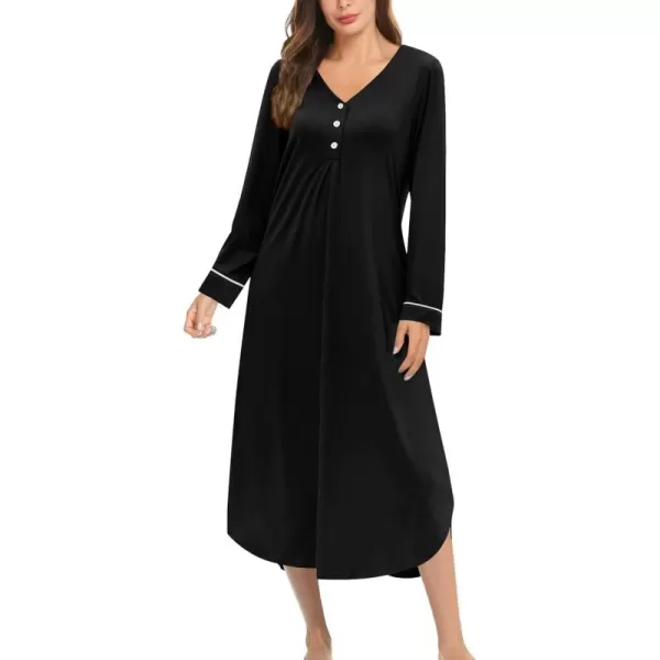 Ekouaer Womens Long Sleeve Nightgown Long Nightshirt Full Length Loungewear Button Down Sleep Dress S4XLBlack