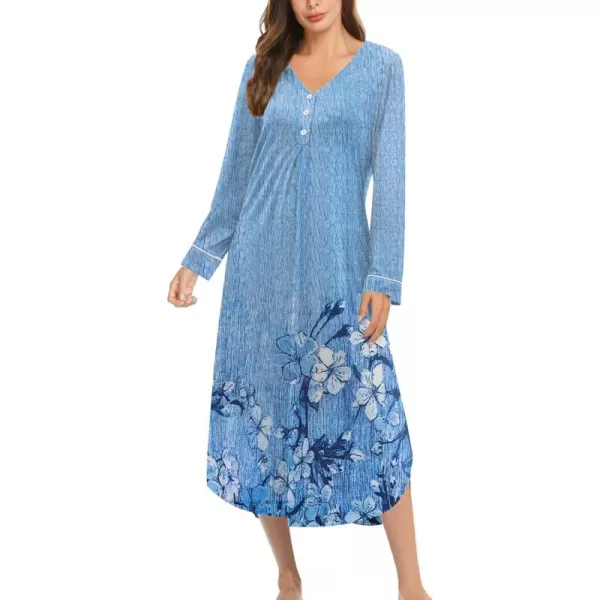 Ekouaer Womens Long Sleeve Nightgown Long Nightshirt Full Length Loungewear Button Down Sleep Dress S4XLBlue Floral