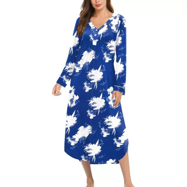 Ekouaer Womens Long Sleeve Nightgown Long Nightshirt Full Length Loungewear Button Down Sleep Dress S4XLBlue Flower