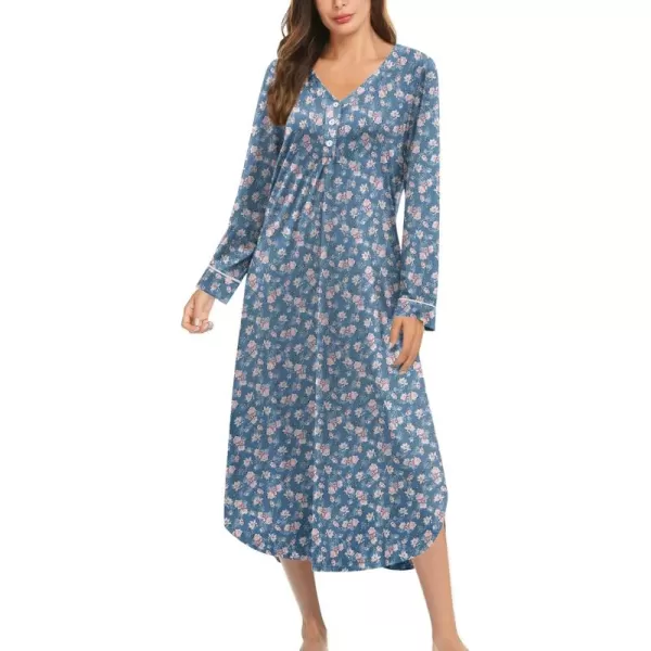 Ekouaer Womens Long Sleeve Nightgown Long Nightshirt Full Length Loungewear Button Down Sleep Dress S4XLBluered Flowers