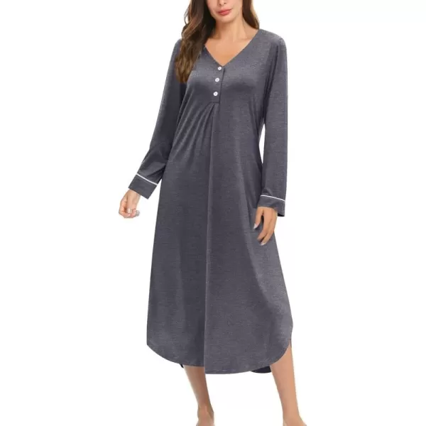 Ekouaer Womens Long Sleeve Nightgown Long Nightshirt Full Length Loungewear Button Down Sleep Dress S4XLGray