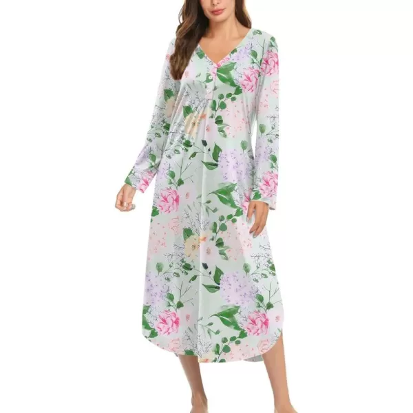 Ekouaer Womens Long Sleeve Nightgown Long Nightshirt Full Length Loungewear Button Down Sleep Dress S4XLGreen Floral