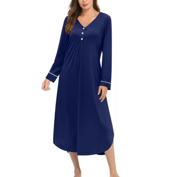 Ekouaer Womens Long Sleeve Nightgown Long Nightshirt Full Length Loungewear Button Down Sleep Dress S4XLNavy Blue