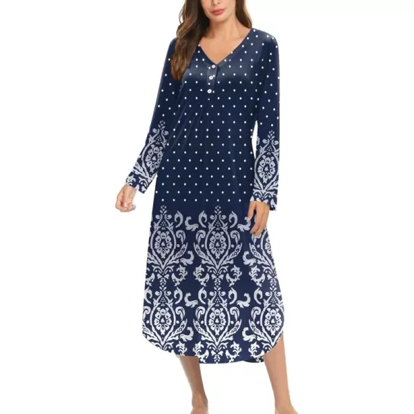 Ekouaer Womens Long Sleeve Nightgown Long Nightshirt Full Length Loungewear Button Down Sleep Dress S4XLNavy Floral