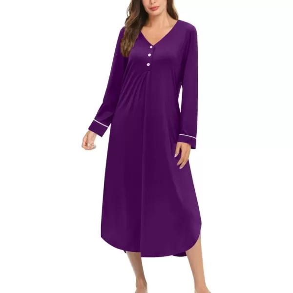 Ekouaer Womens Long Sleeve Nightgown Long Nightshirt Full Length Loungewear Button Down Sleep Dress S4XLPurple