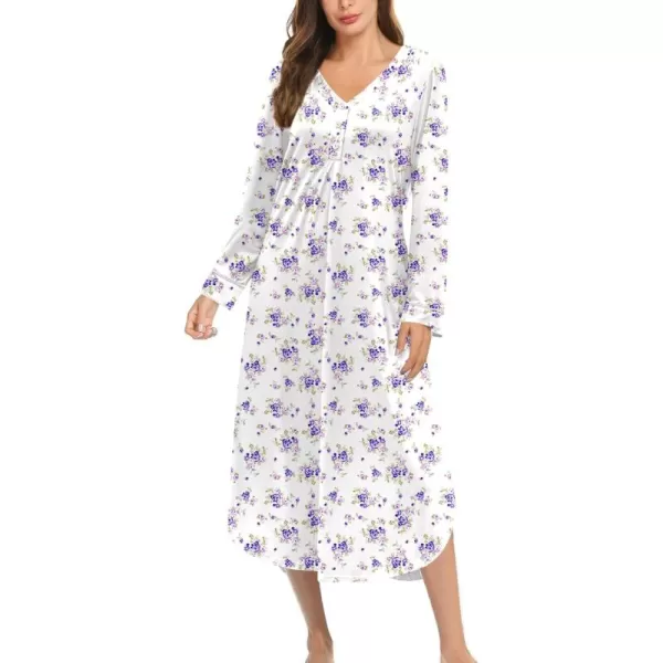 Ekouaer Womens Long Sleeve Nightgown Long Nightshirt Full Length Loungewear Button Down Sleep Dress S4XLPurple Floral