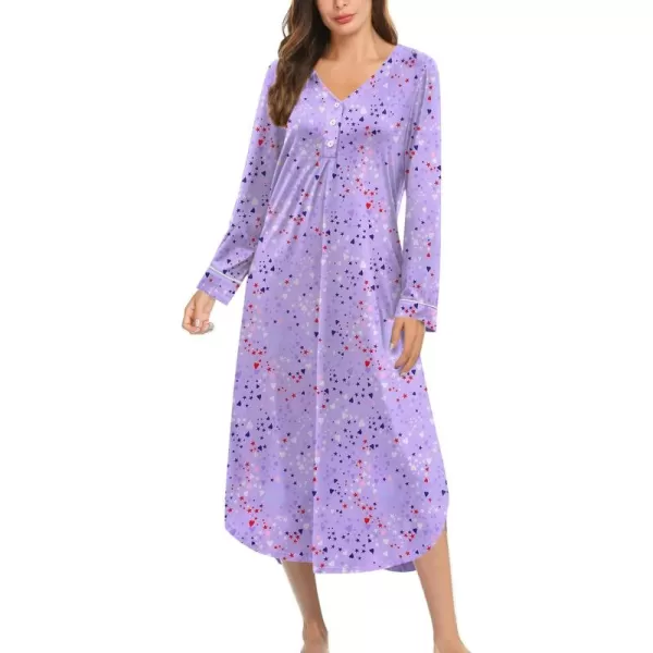 Ekouaer Womens Long Sleeve Nightgown Long Nightshirt Full Length Loungewear Button Down Sleep Dress S4XLPurple Stars