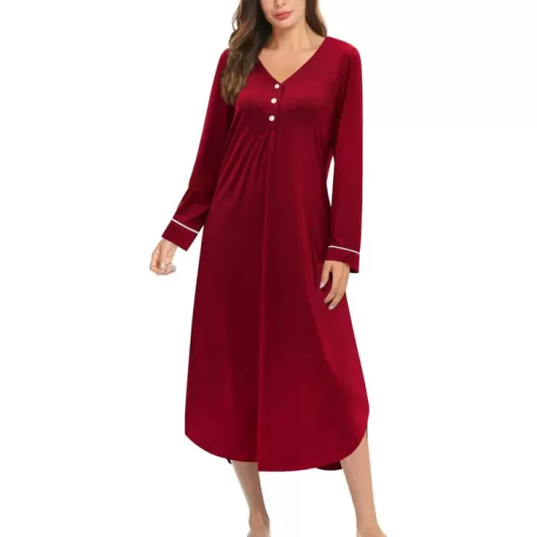 Ekouaer Womens Long Sleeve Nightgown Long Nightshirt Full Length Loungewear Button Down Sleep Dress S4XLRed