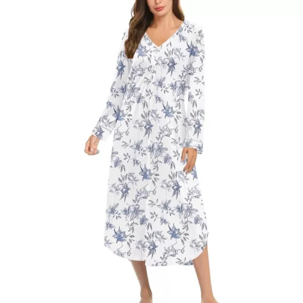 Ekouaer Womens Long Sleeve Nightgown Long Nightshirt Full Length Loungewear Button Down Sleep Dress S4XLWhite Flower