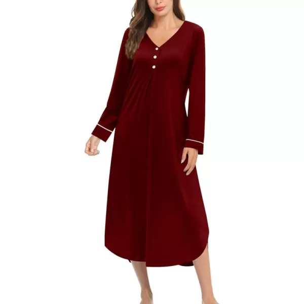 Ekouaer Womens Long Sleeve Nightgown Long Nightshirt Full Length Loungewear Button Down Sleep Dress S4XLWine Red